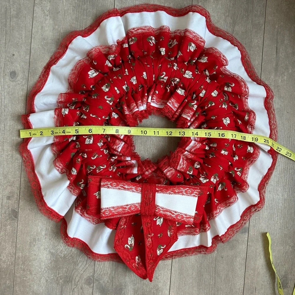 Vintage 1970s Christmas Holiday Wreath Handmade Red White Ruffled Swan Print